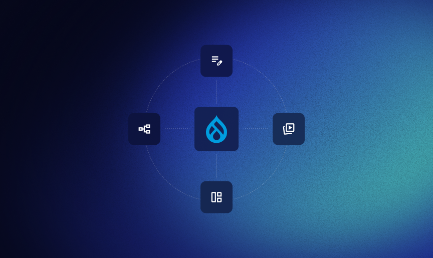Drupal Canvas ecosystem illustration showing the Drupal logo connected to content editing, component management, media, and layout tools in iSpectra’s blue visual identity.