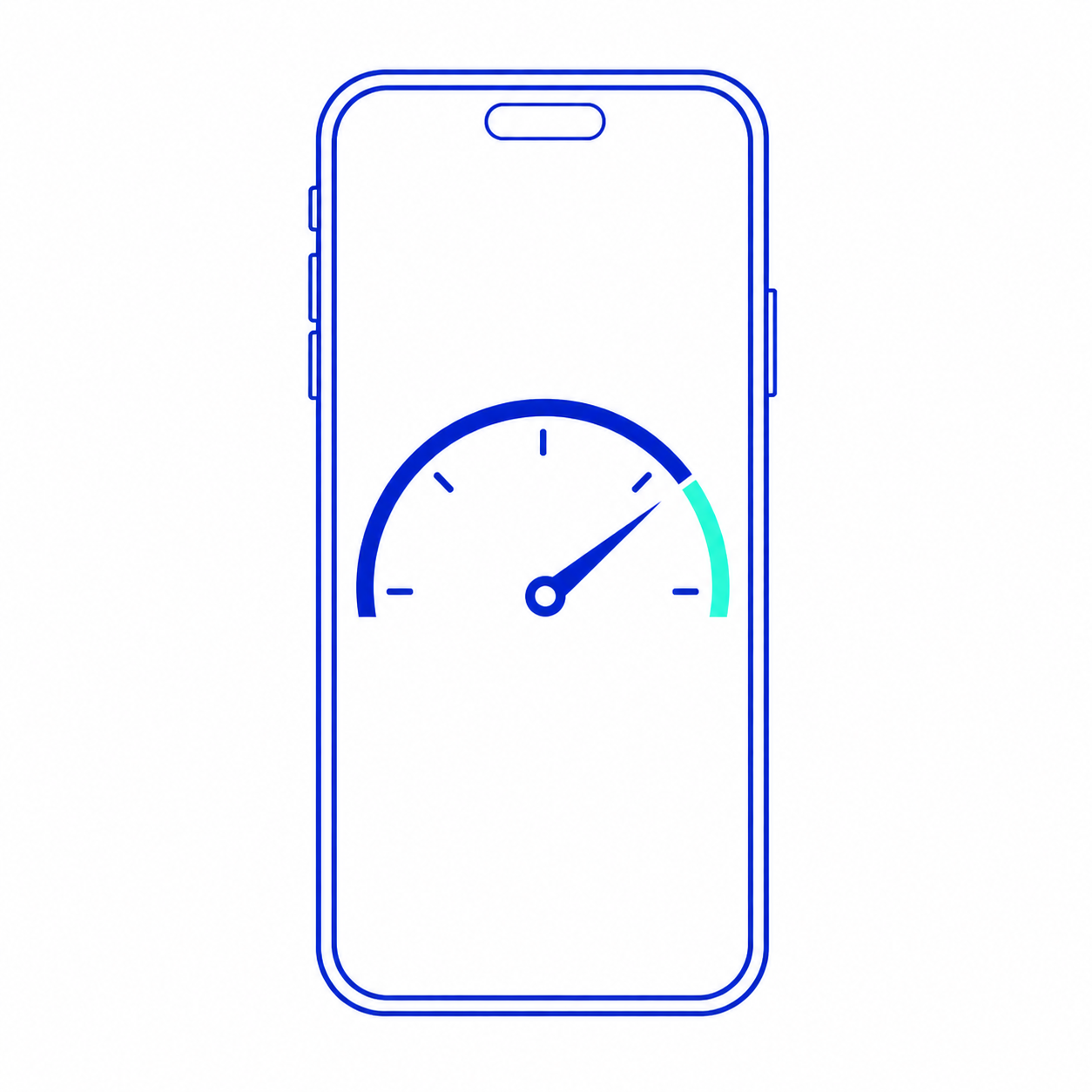 Minimal smartphone speedometer icon representing mobile responsiveness, fast mobile design, and optimized bank website performance for digital banking experiences.