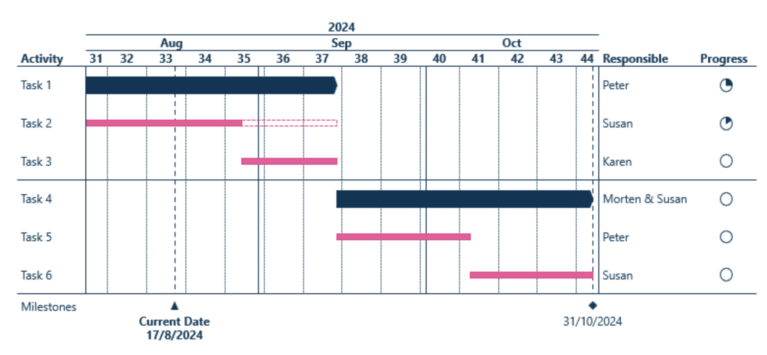 Gantt chart showing project milestones with distinct phases.