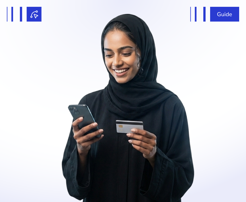 Guide by iSpectra for bank marketing teams, featuring a smiling customer using a smartphone and payment card to highlight bank website strategy, mobile responsiveness, and modern mobile design.