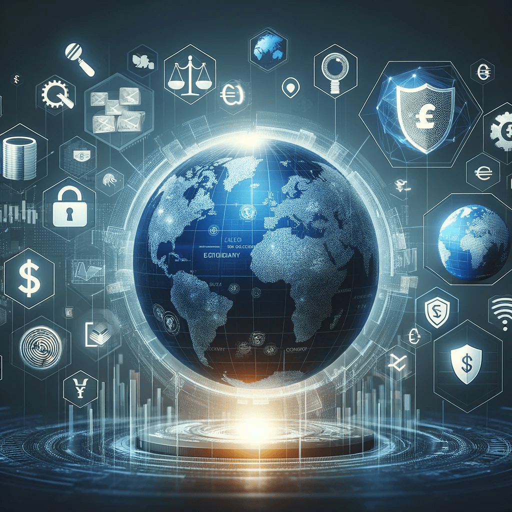 An image showcasing a digital globe with various financial icons surrounding it.